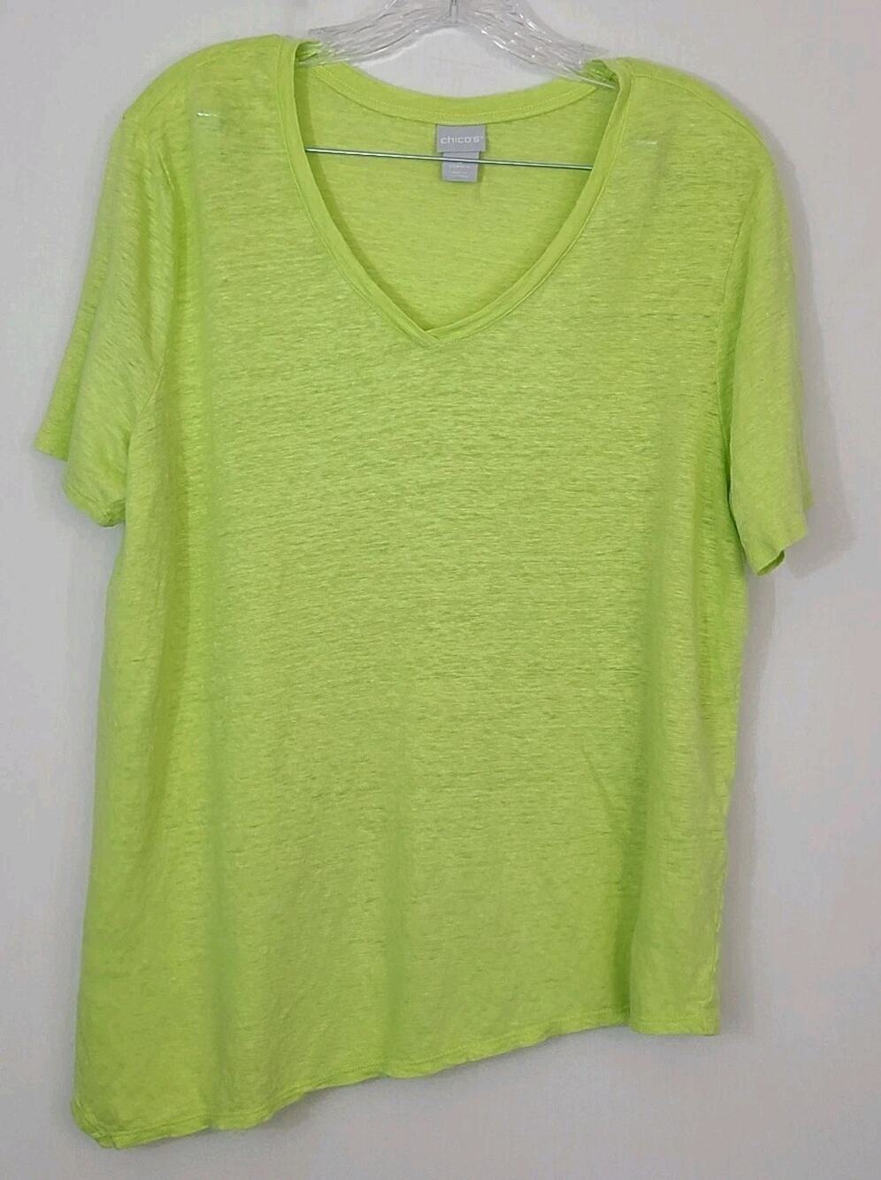 CHICO'S Asymmetrical Hem Applemint Green Linen Tee Shirt Sz 3 XL 14 16
